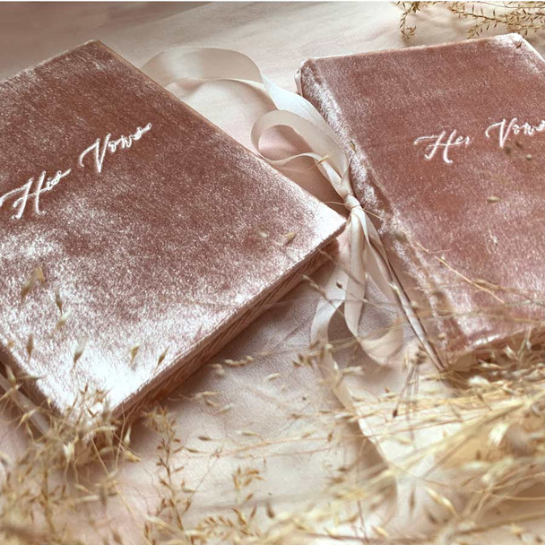 Velvet His and Her Vow Books - Peach Velvet w/muted ivory silk - by Blue Sky Papers