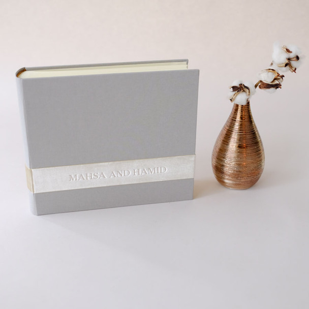 Personalized Velvet Ribbon Book- Light gray linen & Ivory sash- by Blue Sky Papers