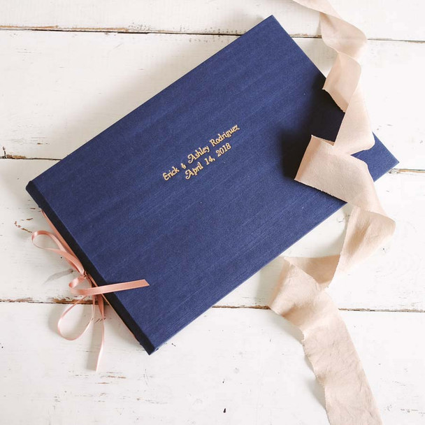 The Artisan Album - Handmade Photo Book - Navy satin with Tea Rose satin ribbon, Gold embossing- by Blue Sky Papers The Artisan Album - Handmade Photo Book - Navy satin with Tea Rose satin ribbon, Gold embossing- by Blue Sky Papers