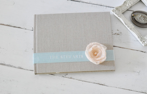 Personalized Velvet Ribbon & Silk Flower Custom Book- Natural linen with Seafoam sash and Peach flower- by Blue Sky Papers