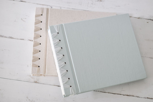 Fresh Ribbon Bound Photo Album- Seafoam satin and Natural linen- from Blue Sky Papers