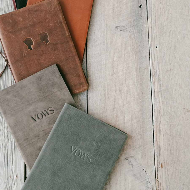 Leather Vow Books - Top to bottom: Almost Black, Honey, Rustic, Bomber, Slate - Blue Sky Papers