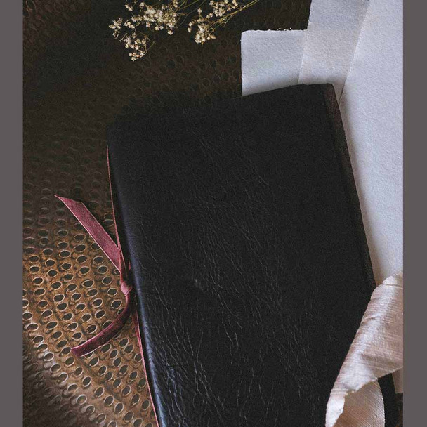 Leather Leather Vow Book - Almost Black with Wine Velvet Tie - by Blue Sky Papers