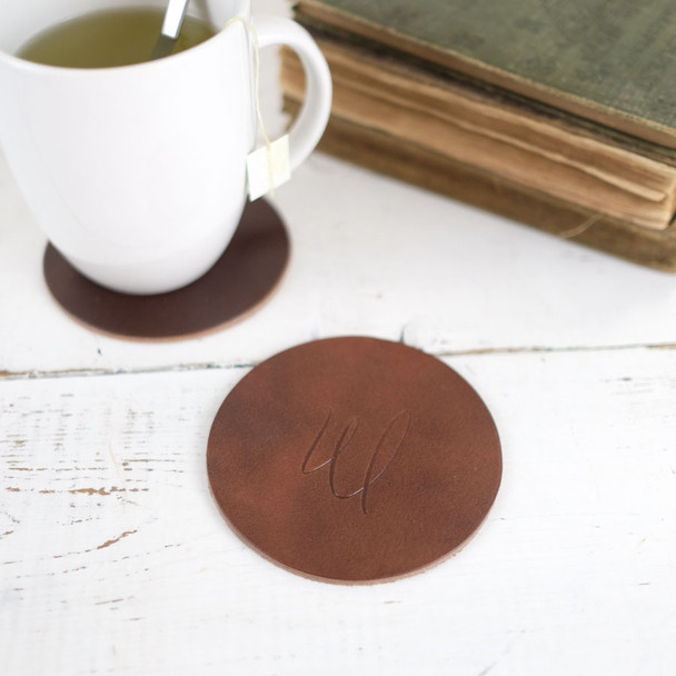 Natural Leather Coasters - Single Calligraphy initial - by Blue Sky Papers