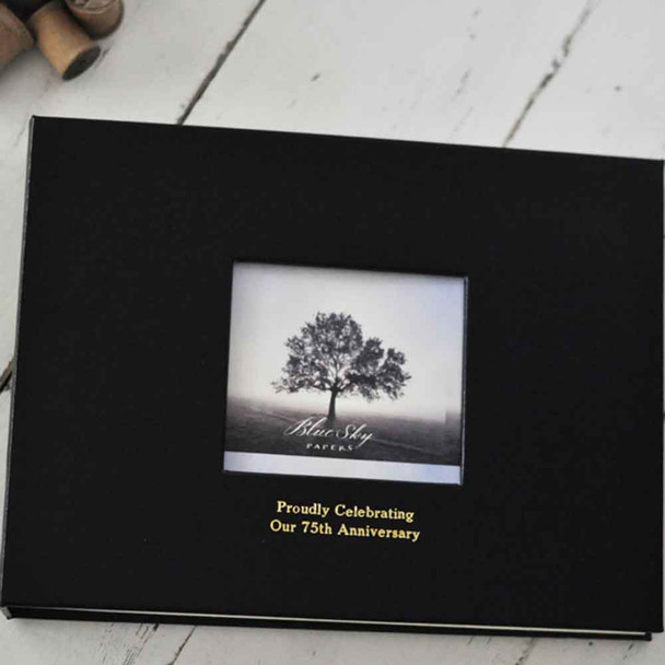 Custom Corporate Guest Book- Black with photo frame cover, standard embossing in Gold- by Blue Sky Papers