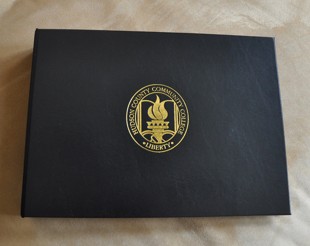 Custom Corporate Guest Book- Navy leather with custom logo in Gold- by Blue Sky Papers