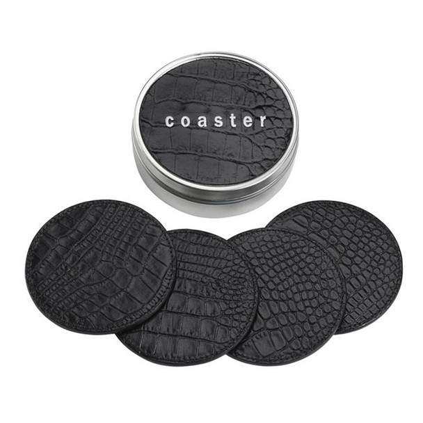 Custom Coaster Set with Tin Box - Black Croco Leather - Blue Sky Papers
