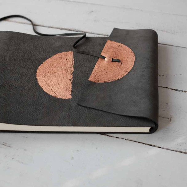 Copper Wedding Photo Album - copper half moon on Charcoal Nubuck - Blue Sky Papers