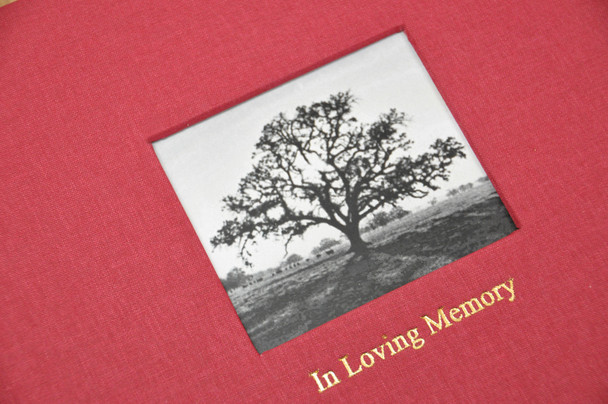Life Celebration Memorial Book - Red linen, photo frame is 3x3.5 inches- by Blue Sky Papers