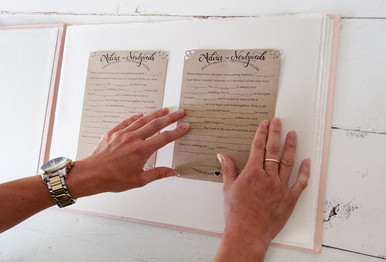 Pre-fill your guestbook with blank wedding mad libs for guests to sign during cocktail hour