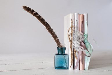 Blue Glass Inkwell and Turkey Feather Quill Pen are the perfect details for a rustic, fall inspired wedding