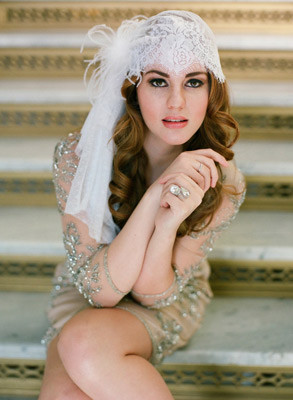 Ostrich Feather and Lace Juliet Bridal Cap by Danani