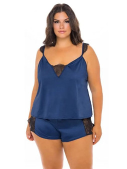Front cami and short pj set in navy soft satin