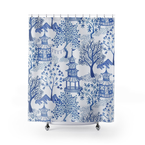 Pagoda Forest in Blues Shower Curtain - Chinoiserie Decor