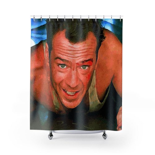 Die Hard Shower Curtains featuring iconic Bruce Willis movie scene