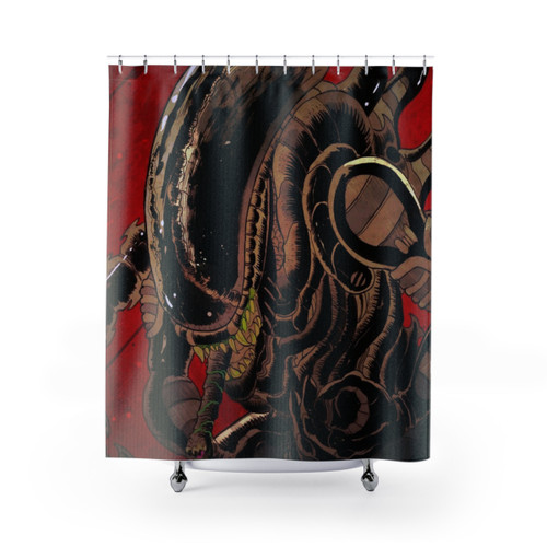 Alien-themed shower curtain with iconic xenomorph design