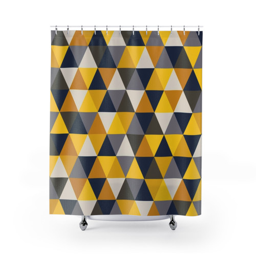 Geometric Shower Curtains in Grey, Blue and Mustard Yellow