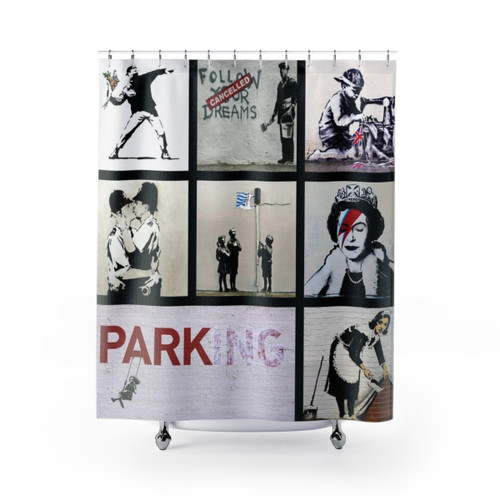Banksy Montage Shower Curtains featuring vibrant street art prints