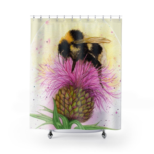 Watercolor painting of a bee on a thistle flower