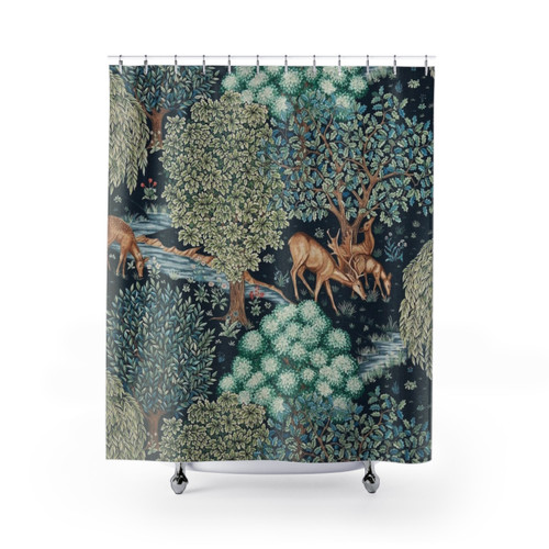 Blue Green Floral Shower Curtains with Forest Animals and Deer