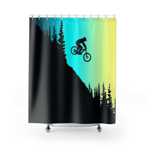 Colorful MTB-themed shower curtain