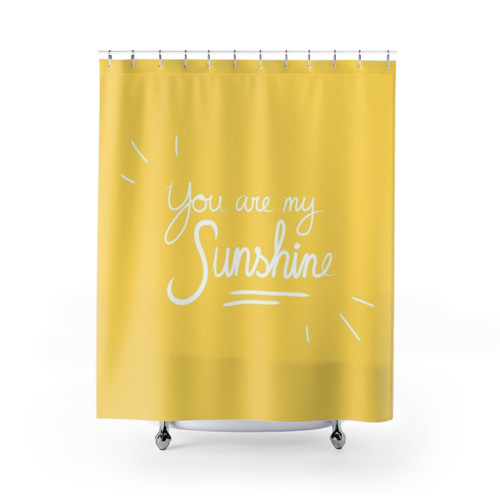 Sunshine-themed shower curtain with cheerful text design