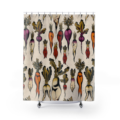 Vegetable-themed shower curtains with carrots, daikons, and radishes