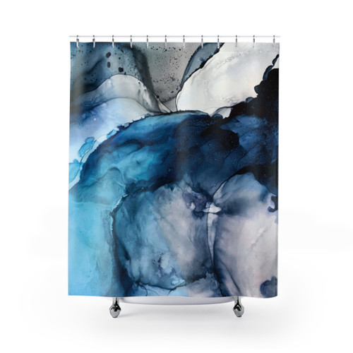 Abstract Alcohol Ink Painting Shower Curtains - White Sand Blue Sea