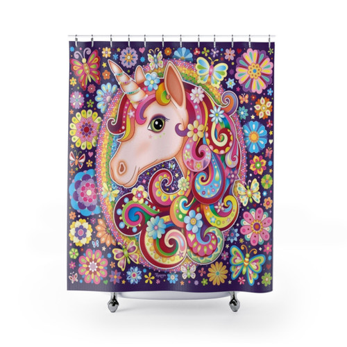 Colorful Unicorn Shower Curtain with Rainbow, Flowers and Butterflies