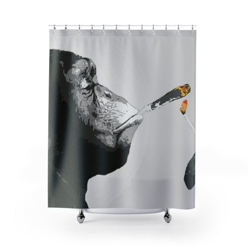 Banksy-inspired chimp monkey smoking joint shower curtain