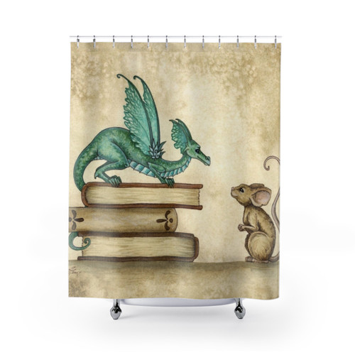 Fantastical Shower Curtain with Cute Dragon, Mouse, and Books