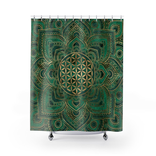 Flower of Life Lotus Malachite and Gold Shower Curtains