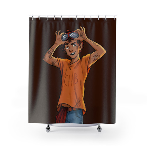 Leo Valdez themed shower curtain with character design