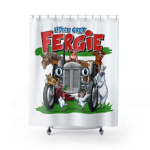 Colorful kids' shower curtain with illustrations of farm animals and Little Grey Fergie tractor