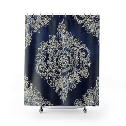 Boho Floral Shower Curtains with Cream Indigo Mandala Pattern