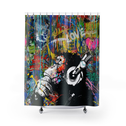 Colorful Banksy-inspired shower curtain with graffiti-style monkey image