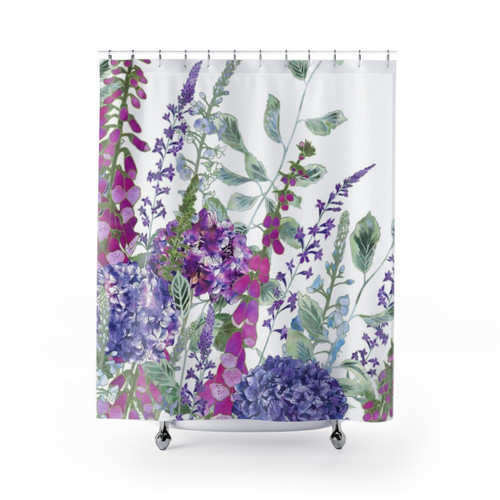 Floral Shower Curtains with Pink Foxgloves and Hydrangeas