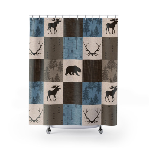 Woodland Patchwork Shower Curtains - Blue, Brown and Beige