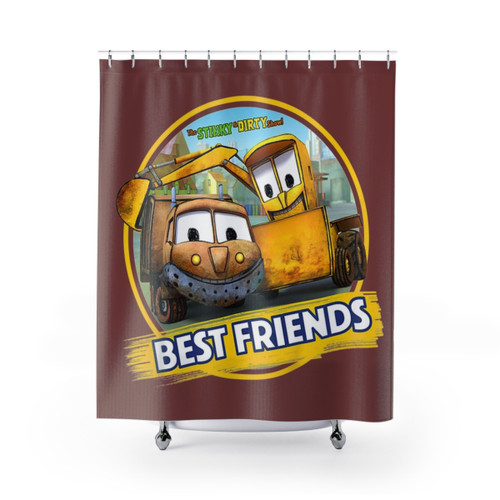 Kids The Stinky and Dirty Show Shower Curtains featuring excavator and bulldozer designs