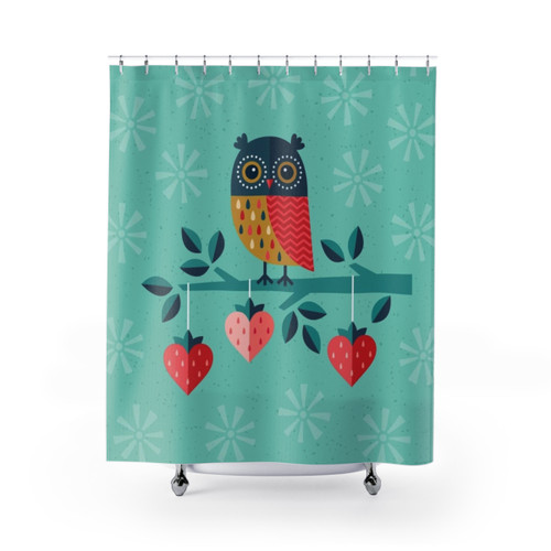 Cute Owl Themed Shower Curtain with Hearts and Strawberries