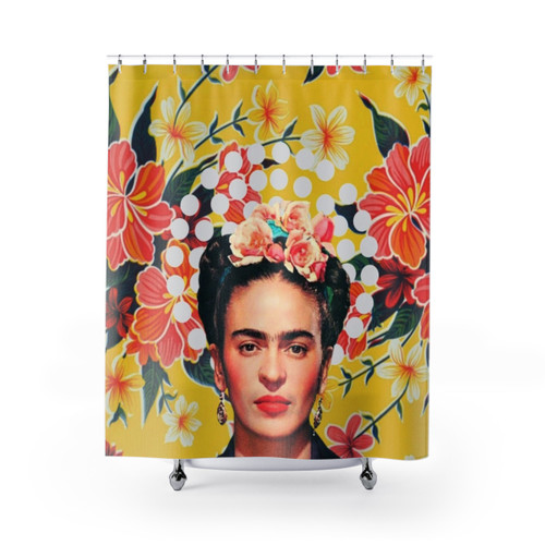 Frida Kahlo shower curtain featuring vibrant floral design