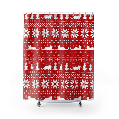 Cat Lover's Red and White Christmas Holiday Pattern Shower Curtains