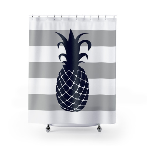 Navy Blue Pineapple Shower Curtains with Gray Stripes