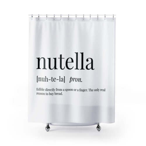 Nutella-themed shower curtain with dictionary-style text