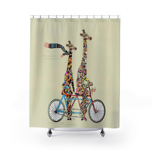 Colorful and whimsical shower curtain with giraffes riding tandem bicycles