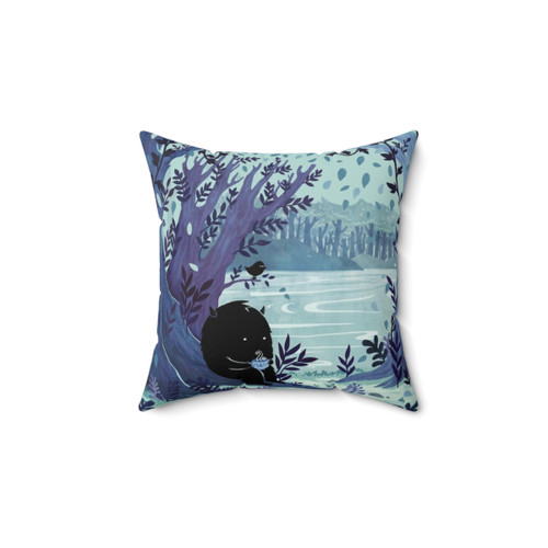 Peaceful Woodland Tea Pillow featuring a watercolor design of a monster, tea, nature, and woodland creatures