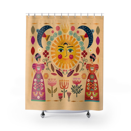 Colorful Frida-inspired shower curtain with floral and bird motifs