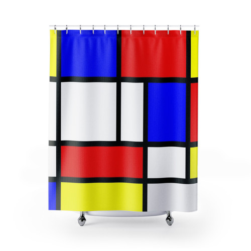 Mondrian-inspired shower curtains with bold abstract color blocks