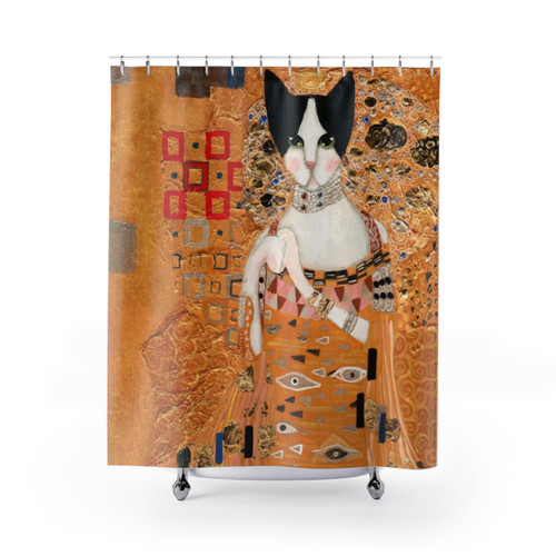 Klimt Cat Shower Curtains - Impressionist Folk Art Design with Tuxedo Cat