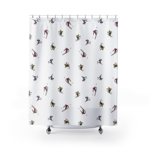 Ski-themed shower curtain with winter sports pattern